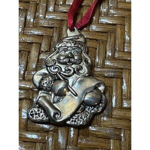 Vintage Gorham  Silver Santa Claus Christmas Ornament With Red Ribbon